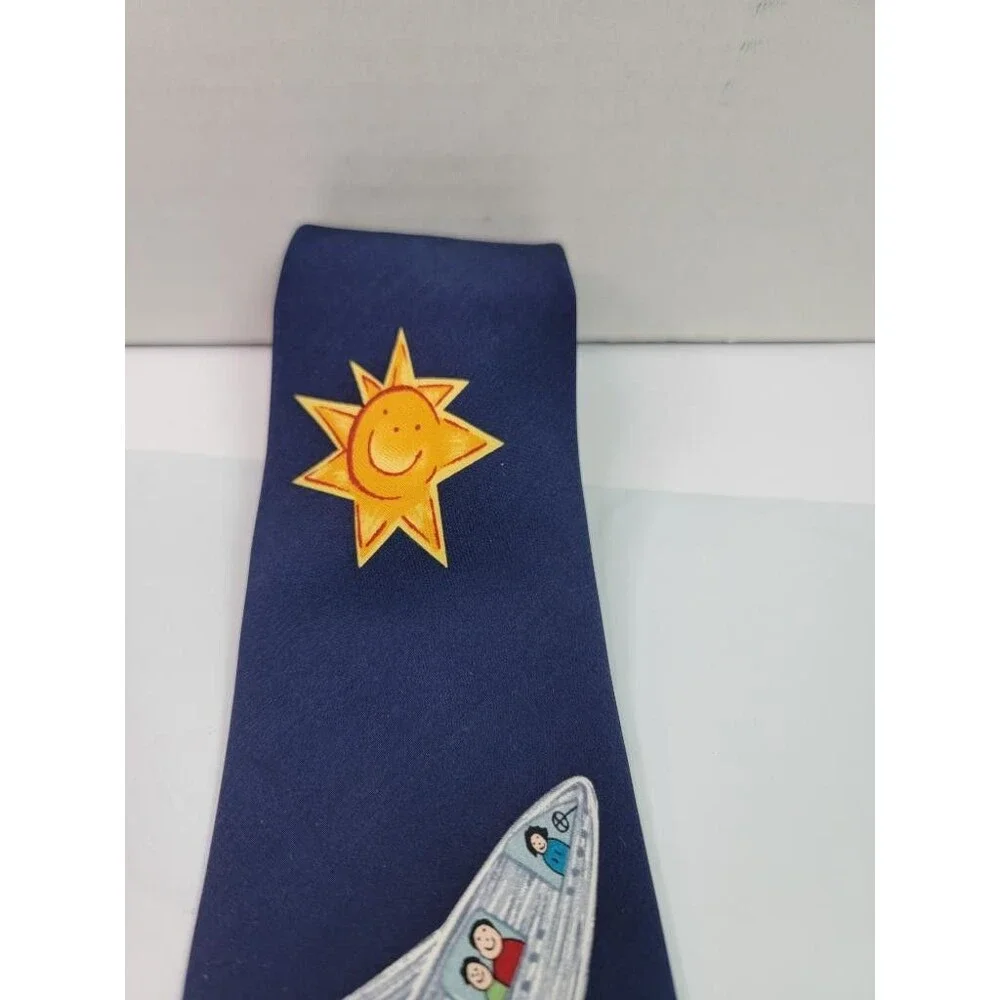 Save the Children Mens Silk Tie Navy Blue Airplane Houses Art Sam Age 10